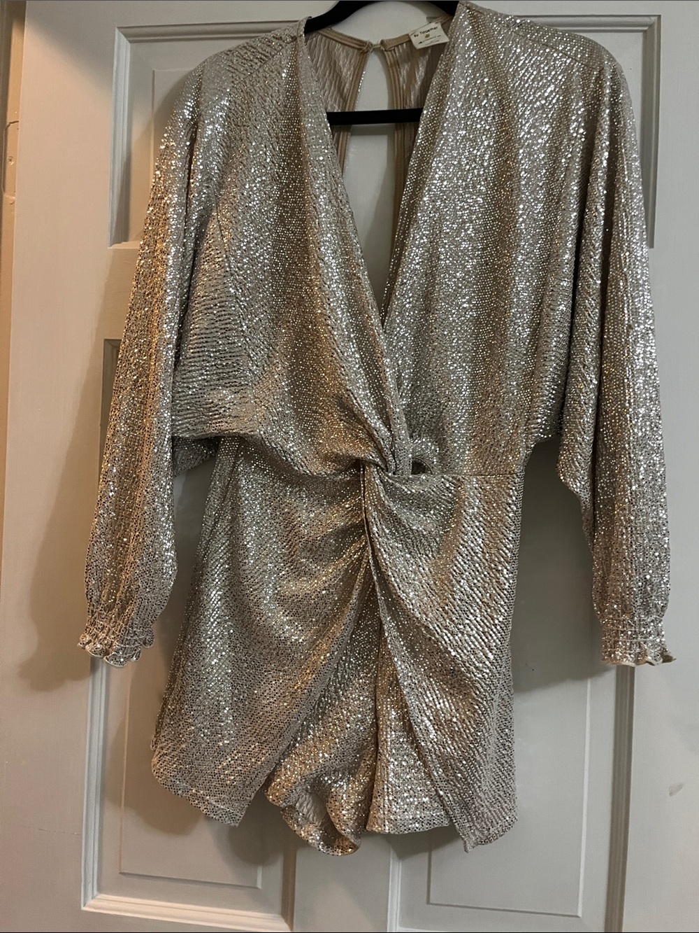 By Together Silver Sequin Long-Sleeve Twist Front Party Romper Size Small